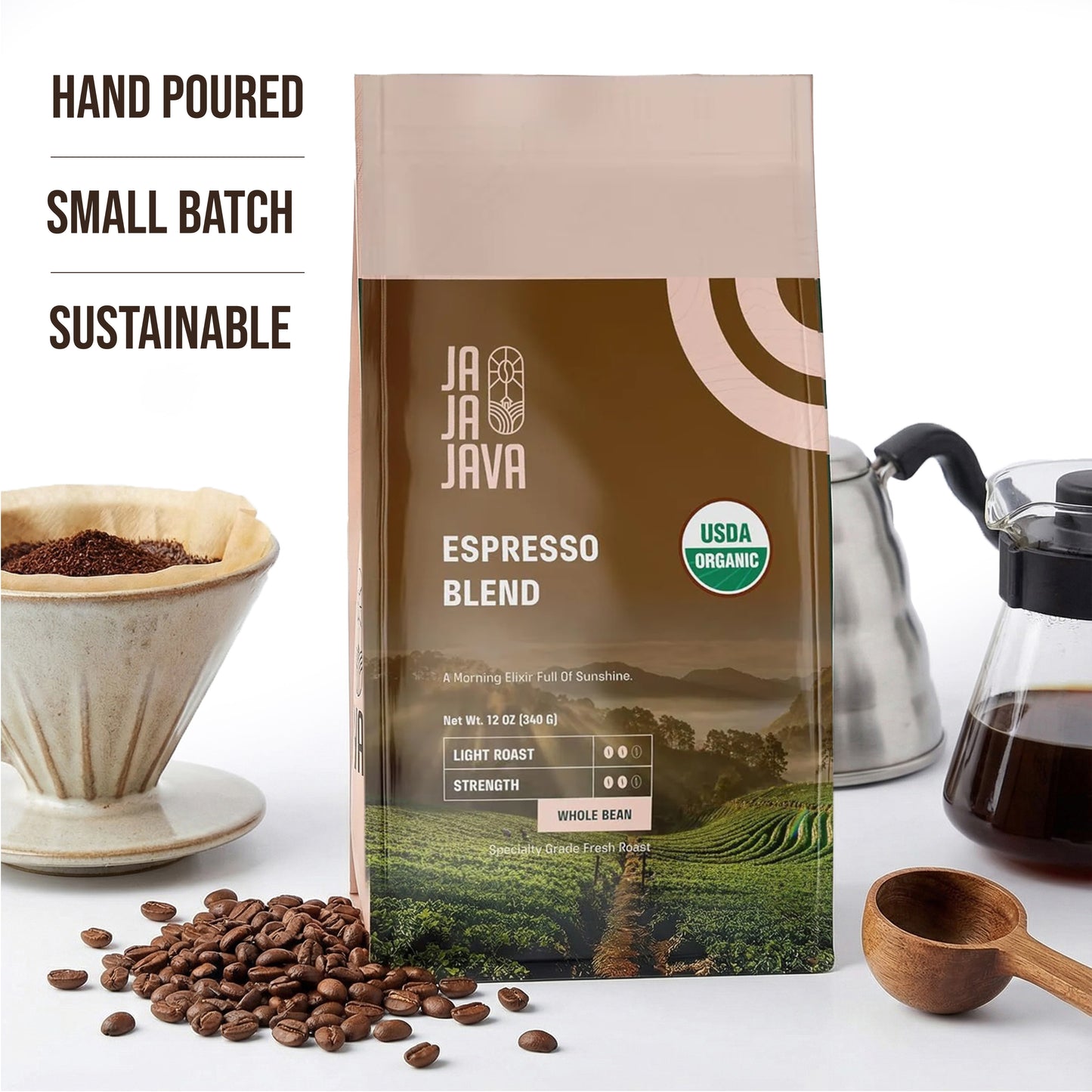 JaJa Java Espresso Blend Whole Bean Coffee, Light Roast, 12 Ounces, USDA Organic, Specialty Grade Fresh Roast