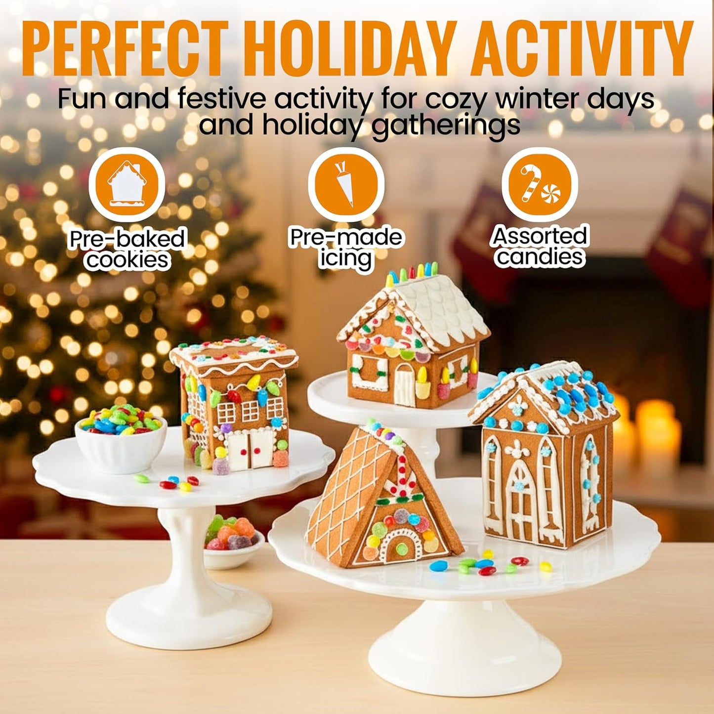 Gingerbread Mini Village Kit – Set Of 4 Pre-Baked Mini Houses – Easy No-Bake Christmas Decorating Kit With Icing And Candies – Kid-Friendly DIY Activity For Families, Classrooms, And Parties