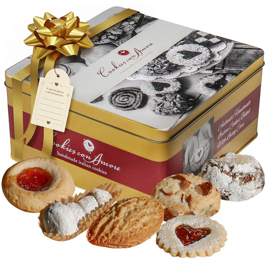 Assorted Italian Cookies Gift Box, 30+ Pieces Individually Wrapped Traditional Gourmet Cookies - 2Lb Square Tin with Authentic Premium Pastries for Holiday Gifting, Coffee Pairing, and Christmas Celebrations