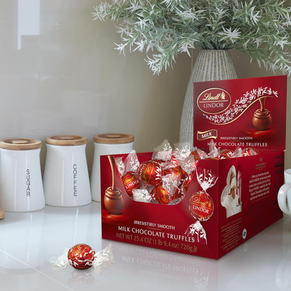 Lindt LINDOR Milk Chocolate Candy Truffles Bulk Box, Smooth Center, 25.4 oz, 60 Count, Chocolate Candy Bulk