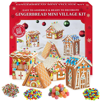 Gingerbread Mini Village Kit – Set Of 4 Pre-Baked Mini Houses – Easy No-Bake Christmas Decorating Kit With Icing And Candies – Kid-Friendly DIY Activity For Families, Classrooms, And Parties