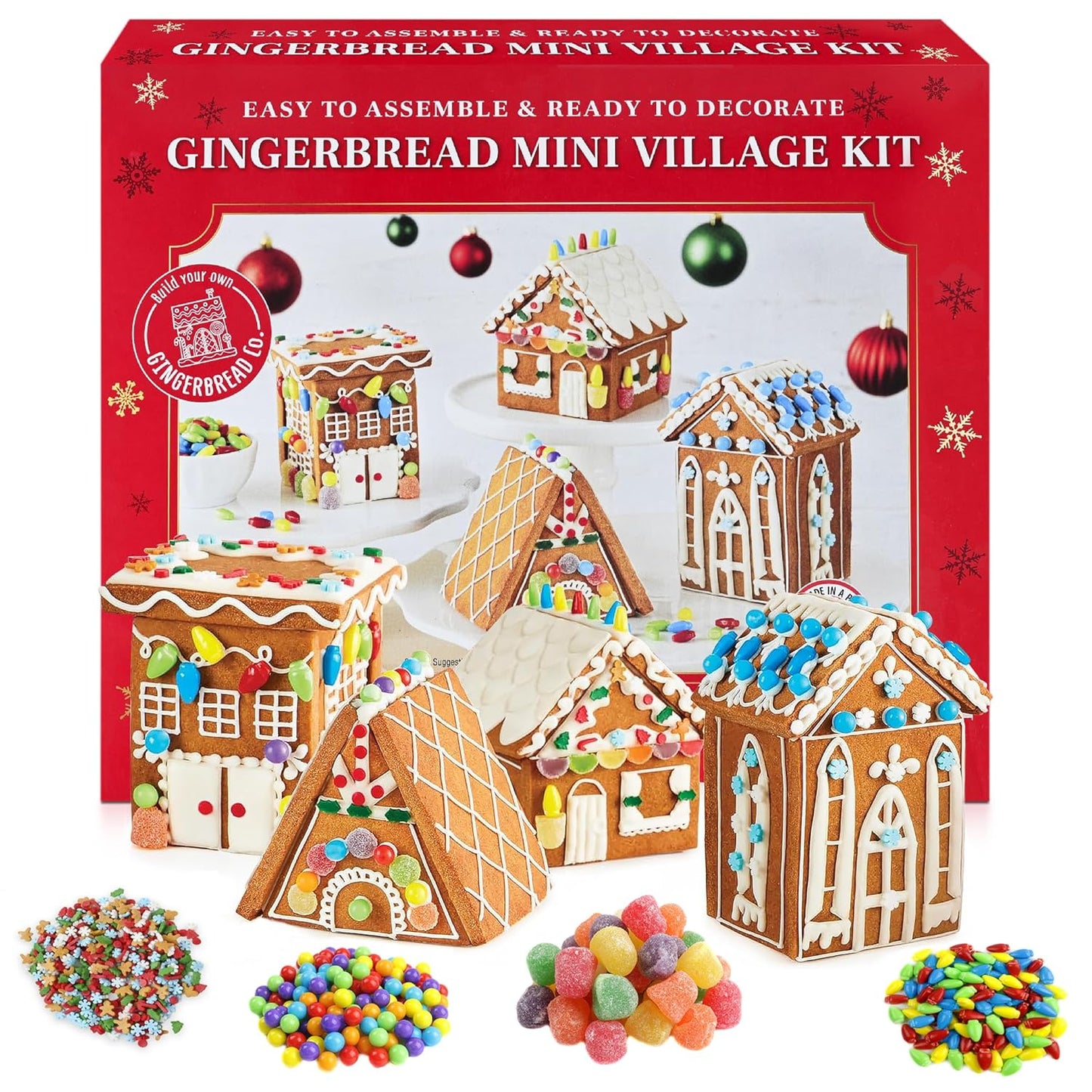 Gingerbread Mini Village Kit – Set Of 4 Pre-Baked Mini Houses – Easy No-Bake Christmas Decorating Kit With Icing And Candies – Kid-Friendly DIY Activity For Families, Classrooms, And Parties