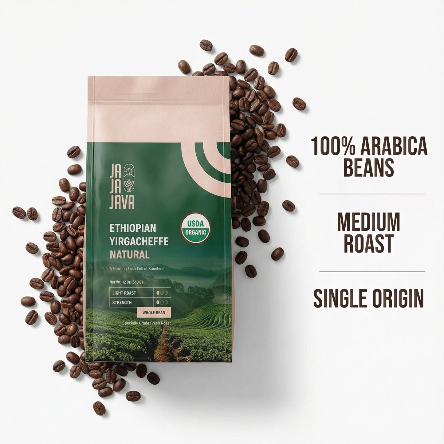 JaJa Java Ethiopian Yirgacheffe Natural Whole Bean Coffee, Light Roast, 12 Ounces, USDA Organic, Specialty Grade Fresh Roast