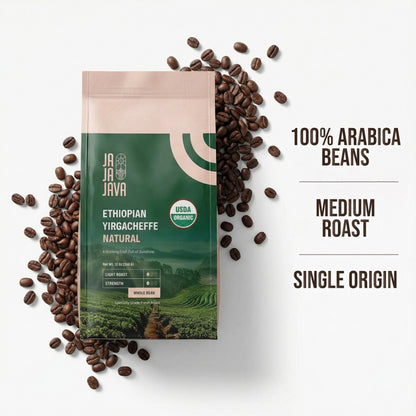 JaJa Java Ethiopian Yirgacheffe Natural Whole Bean Coffee, Light Roast, 12 Ounces, USDA Organic, Specialty Grade Fresh Roast