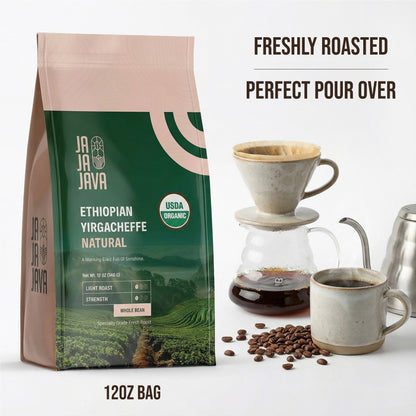 JaJa Java Ethiopian Yirgacheffe Natural Whole Bean Coffee, Light Roast, 12 Ounces, USDA Organic, Specialty Grade Fresh Roast