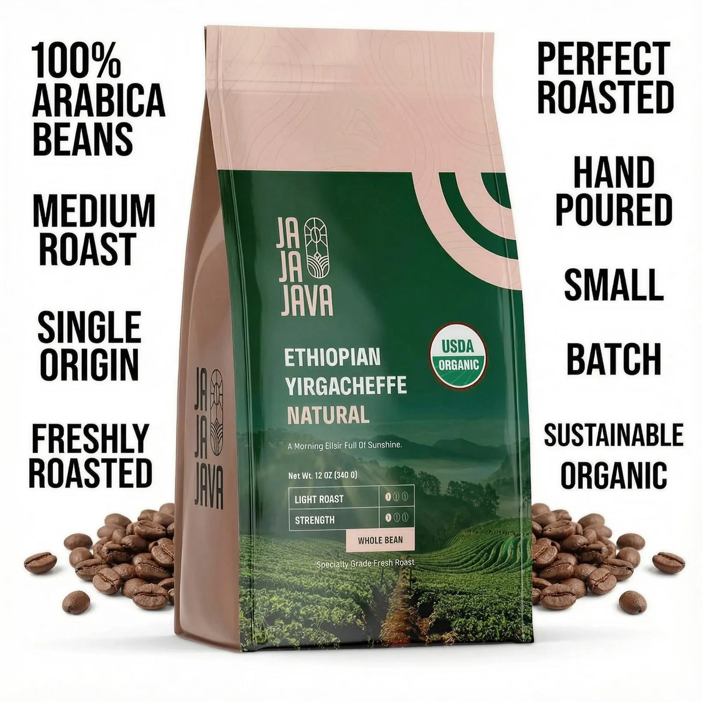 JaJa Java Ethiopian Yirgacheffe Natural Whole Bean Coffee, Light Roast, 12 Ounces, USDA Organic, Specialty Grade Fresh Roast