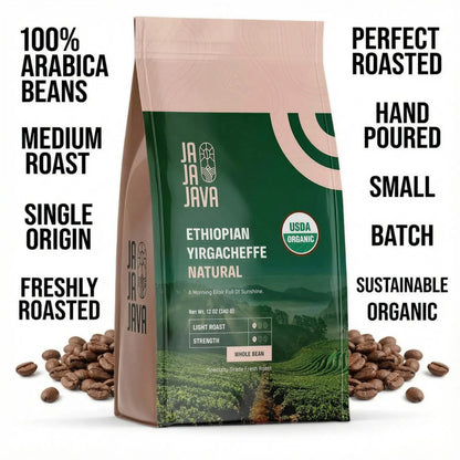 JaJa Java Ethiopian Yirgacheffe Natural Whole Bean Coffee, Light Roast, 12 Ounces, USDA Organic, Specialty Grade Fresh Roast