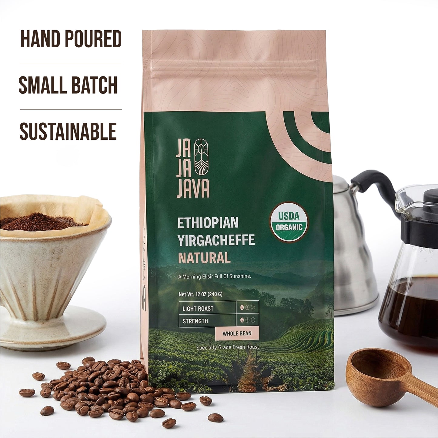 JaJa Java Ethiopian Yirgacheffe Natural Whole Bean Coffee, Light Roast, 12 Ounces, USDA Organic, Specialty Grade Fresh Roast