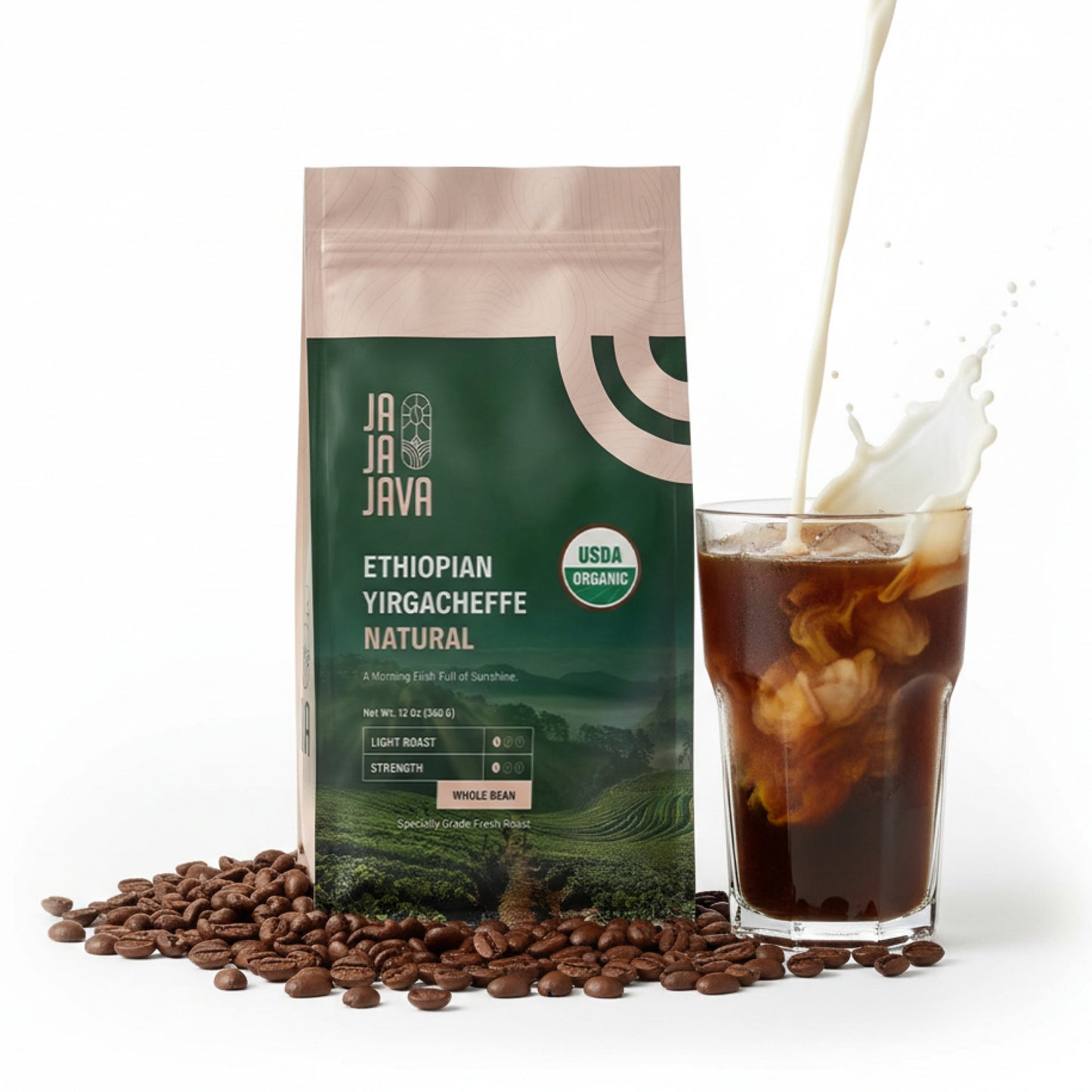 JaJa Java Ethiopian Yirgacheffe Natural Whole Bean Coffee, Light Roast, 12 Ounces, USDA Organic, Specialty Grade Fresh Roast