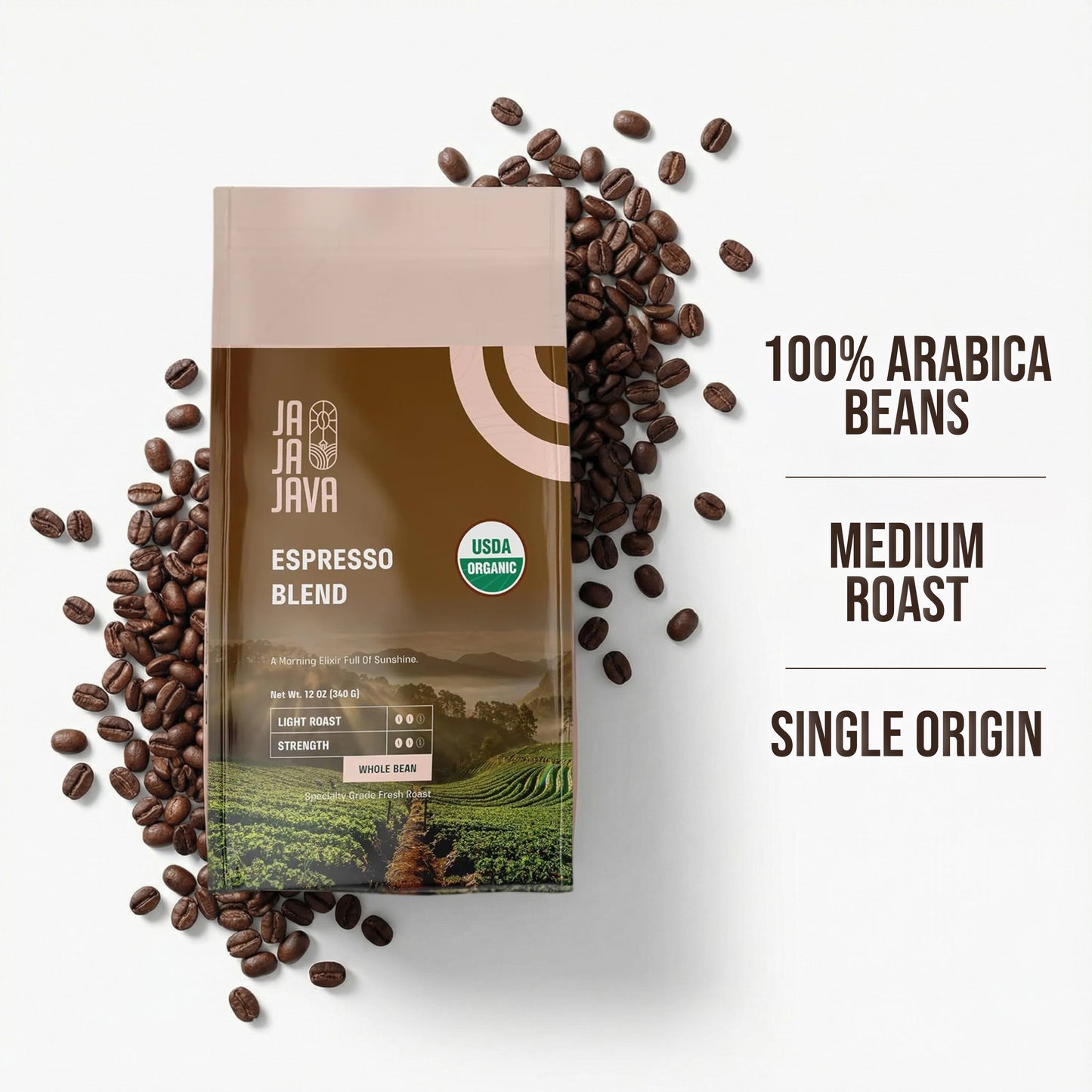 JaJa Java Espresso Blend Whole Bean Coffee, Light Roast, 12 Ounces, USDA Organic, Specialty Grade Fresh Roast