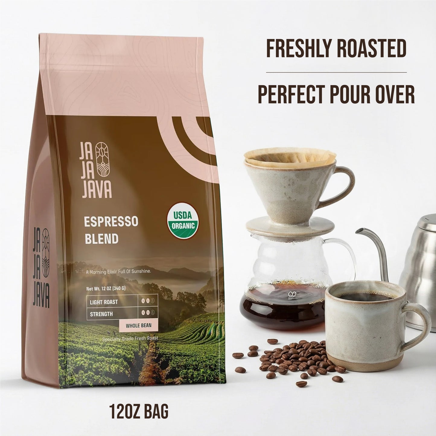 JaJa Java Espresso Blend Whole Bean Coffee, Light Roast, 12 Ounces, USDA Organic, Specialty Grade Fresh Roast