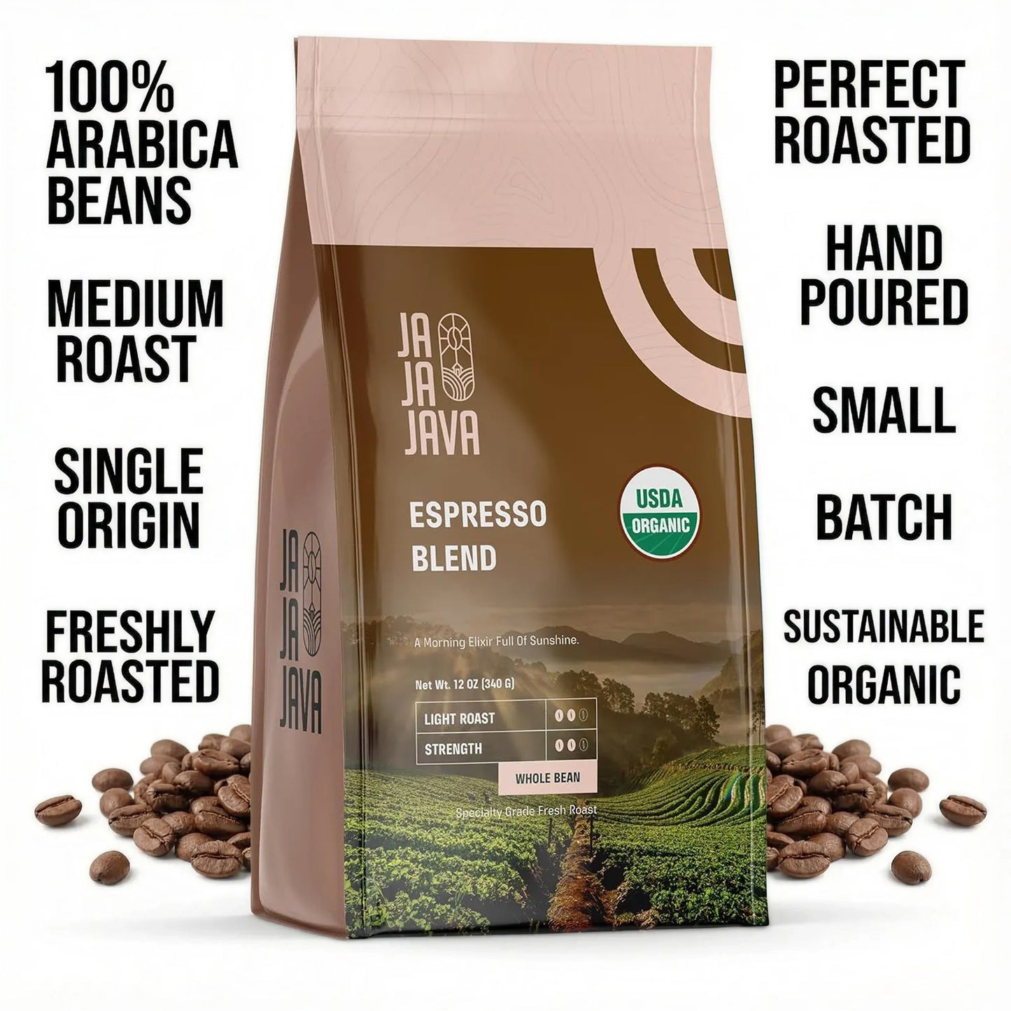 JaJa Java Espresso Blend Whole Bean Coffee, Light Roast, 12 Ounces, USDA Organic, Specialty Grade Fresh Roast